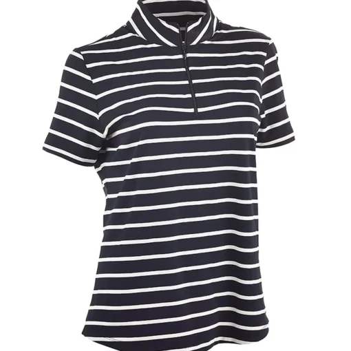 IBKUL Short Sleeve 1/4-Zip Mock Neck Top - Wide Stripe Shirt Polo Short Sleeve Golf Apparel