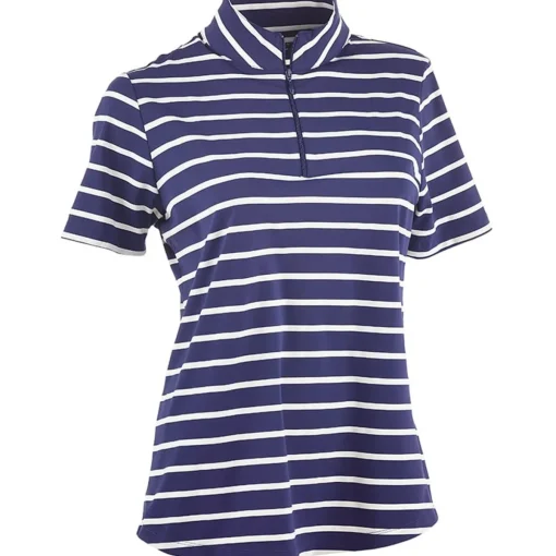 IBKUL Short Sleeve 1/4-Zip Mock Neck Top - Wide Stripe Shirt Polo Short Sleeve Golf Apparel